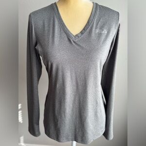 Fila V-neck Live in Motion Gray Long Sleeve Pullover Top Moisture Wicking Vented
